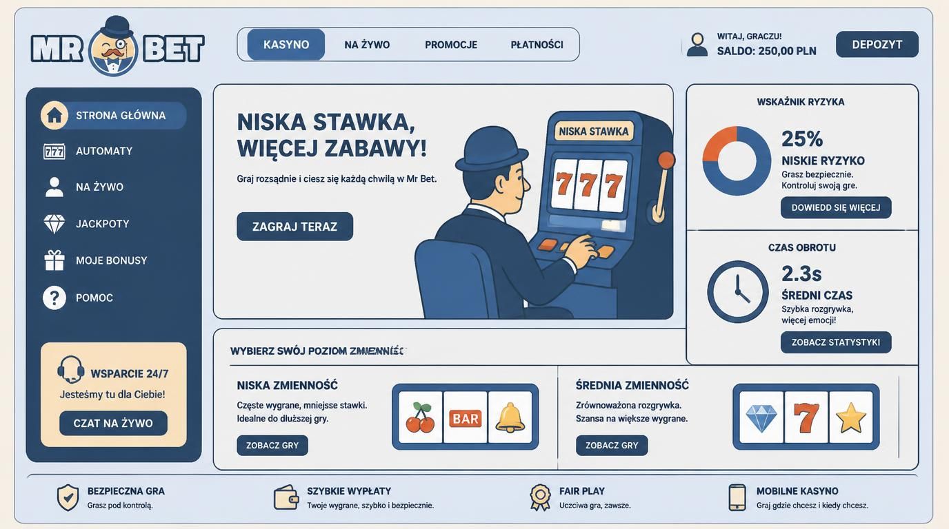 Ilustracja gracza grającego nisko ryzykowną grę, z zegarem i wskaźnikiem procentowym ryzyka