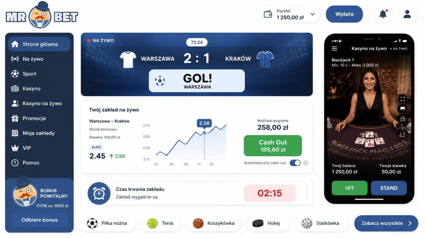  interfejs live bet z opcją Cash Out i zmiennym kursem