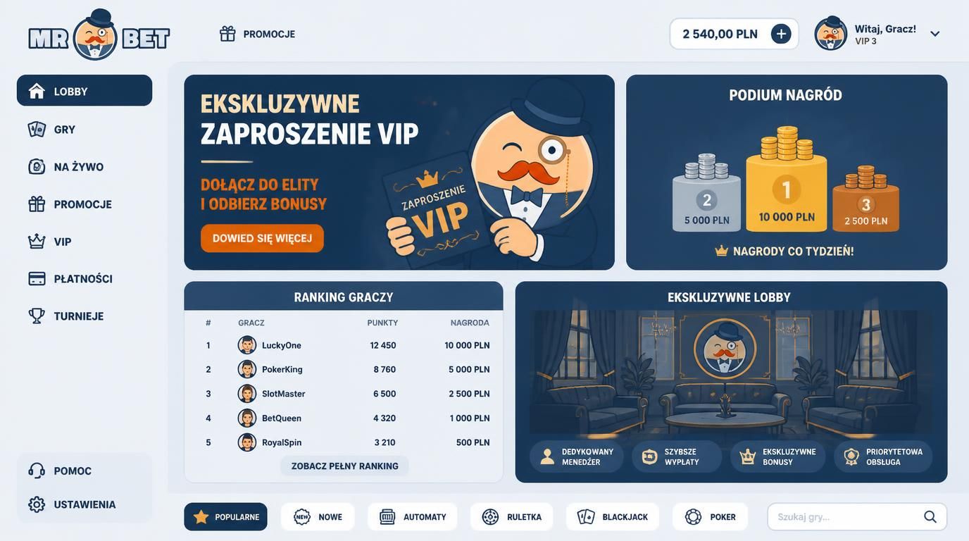 Wizualizacja turnieju VIP z podium, rankingiem i ekskluzywnym klimatem