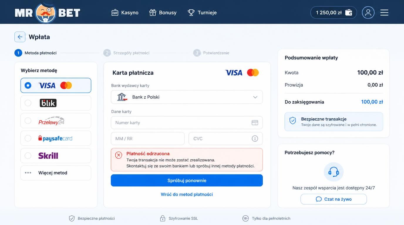 ekran płatności kartą z ikoną banku i komunikatem o błędzie 