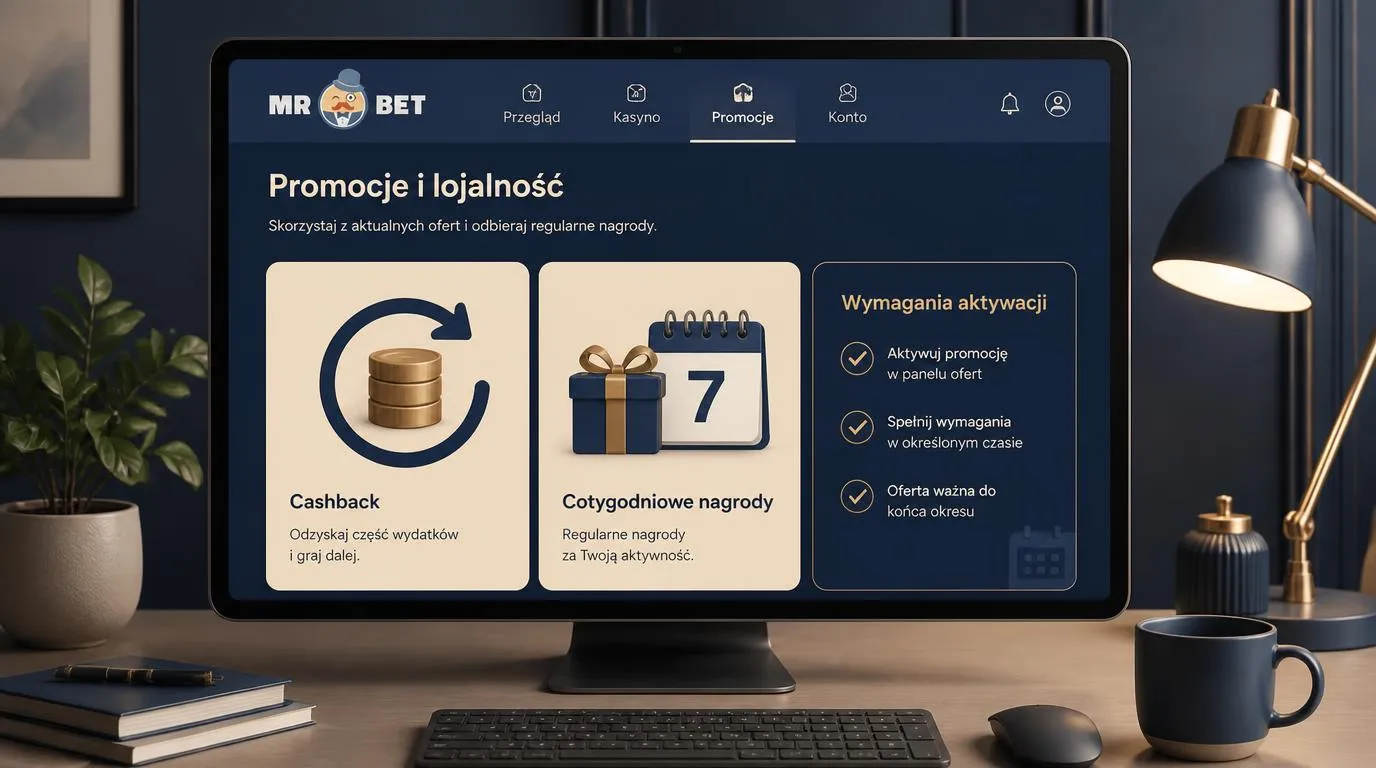 Panel promocji kasynowych z kartami cashbacku, nagród tygodniowych i kalendarzem ofert