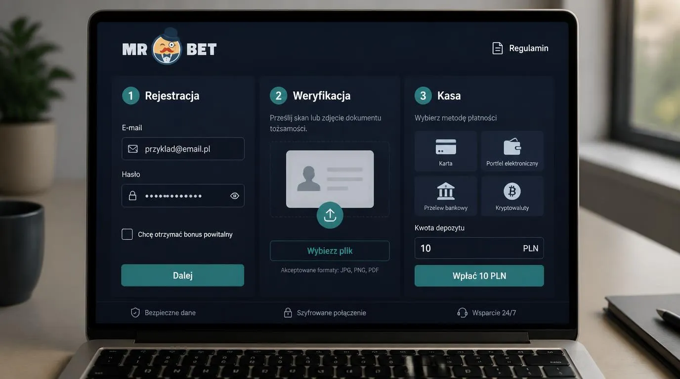 Panel rejestracji, weryfikacji tożsamości i kasy z wyborem metody wpłaty w kasynie online